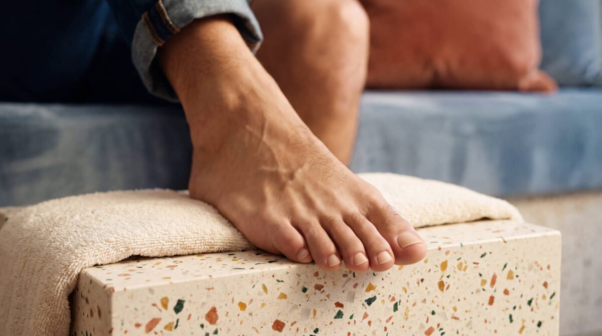 Man's feet with tidy, natural toenails after a mens pedicure, jeans rolled at the ankle